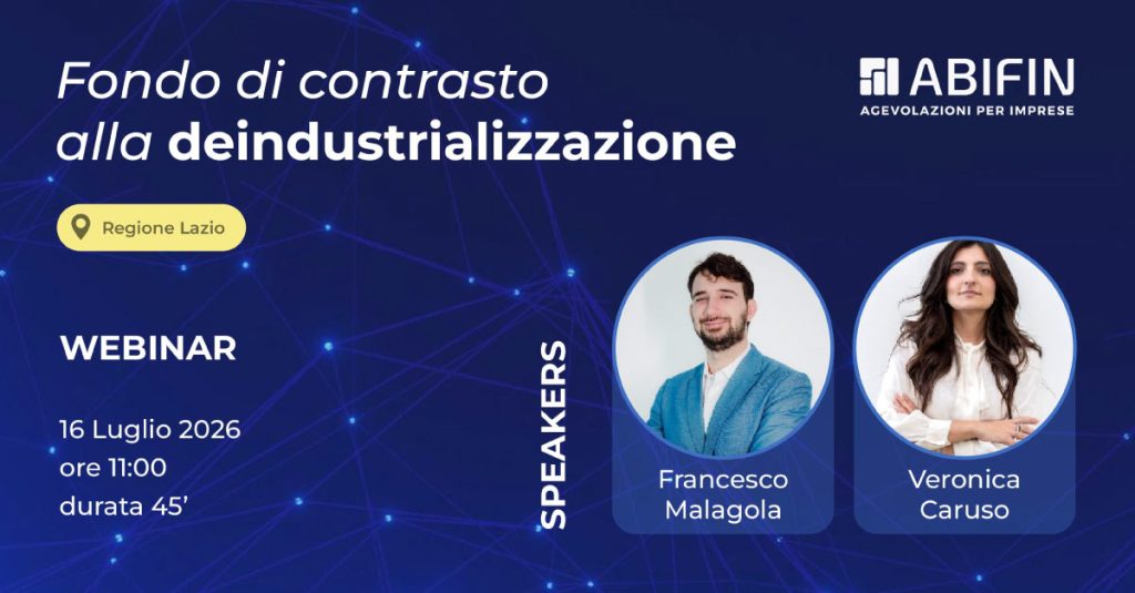 Webinar sul fondo di contrasto alla deindustrializzazione della regione Lazio. Relatori di Abifin srl